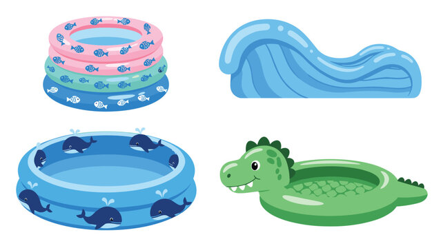 Group of four colorful inflatable kiddie pools and water slides featuring fun whale, dinosaur, and wave designs for summer play.