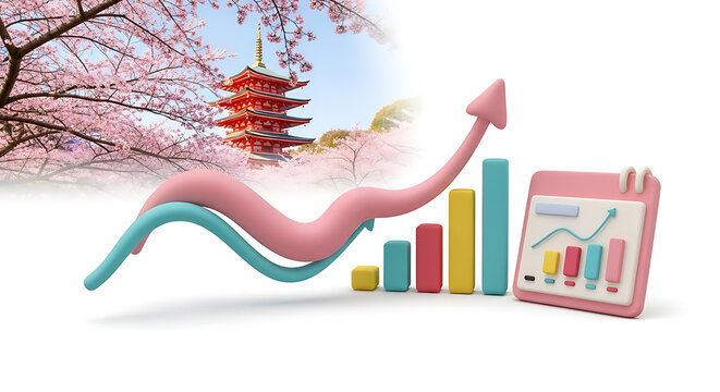 Japanese financial growth and economic success, sakura season with pagoda, rising bar chart and calendar analytics, business development and investment