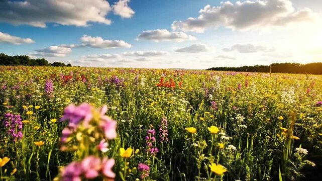 Colorful Wildflower Field Under Blue Sky and Sunlight