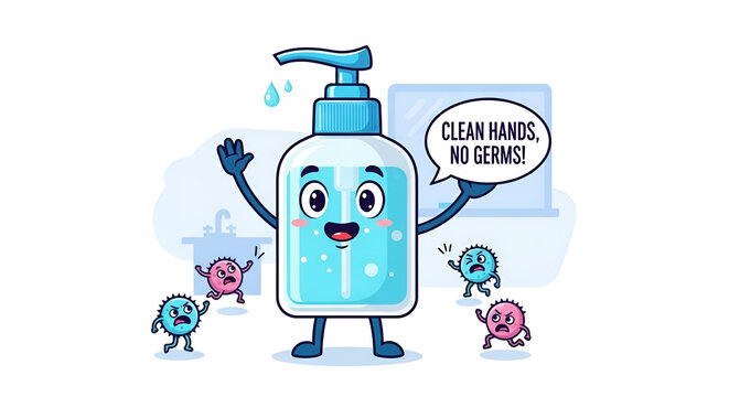 Cartoon hand sanitizer bottle character advocating clean hands to prevent germs in a playful illustration against white backdrop