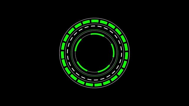 Futuristic circular interface element with glowing green segments and white dashed lines , Green holographic progress ring displaying virtual radar data futuristic digital technology