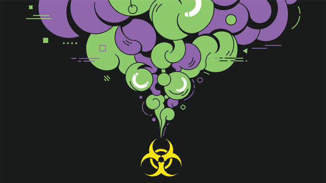 Biohazard warning symbol emitting large clouds of toxic green and purple smoke on a dark background, representing danger or pollution.