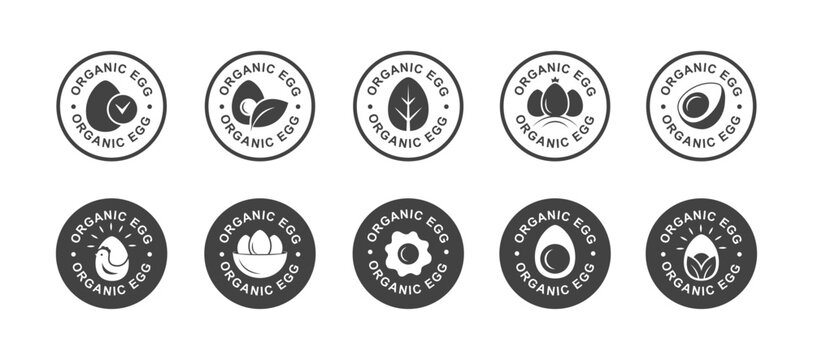 Organic Egg Round Badge Set with Text, Farm  Labels and Stamp Style with Icons, Natural Product