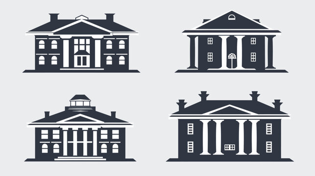 Four silhouettes of classical buildings with columns and simple window details