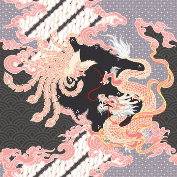 Vector traditional batik pattern with dragon and phoenix theme