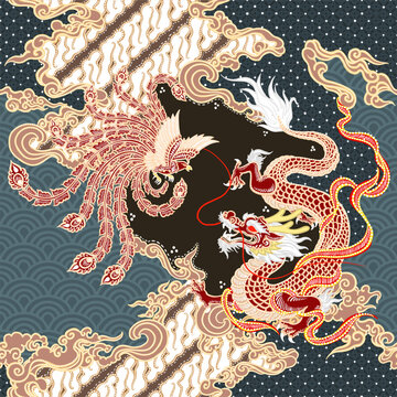 Vector traditional batik pattern with dragon and phoenix theme