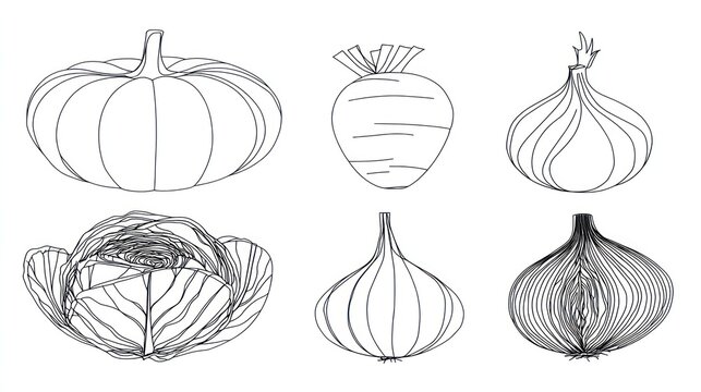 Collection of six distinct root and leafy vegetable outlines drawn in black and white style