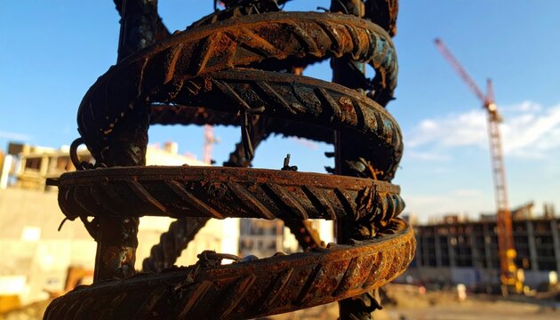 Close-up of heavily rusted, twisted steel scaffolding in an urban construction site