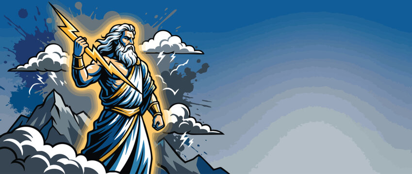 Zeus God Figure with Lightning Bolt Amid Storm Clouds and Mountain Landscape