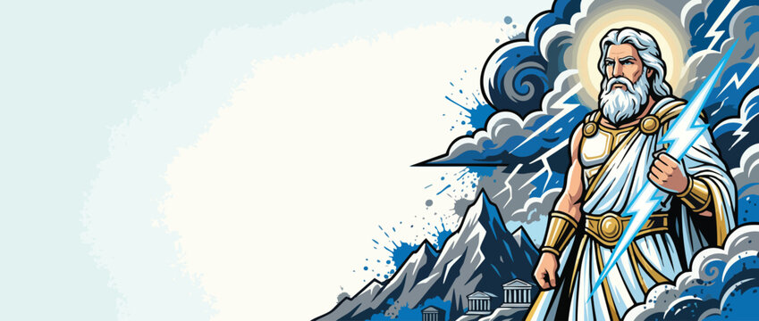 Zeus God Holding Lightning Bolt with Storm Clouds and Mountains Background
