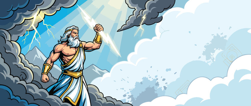 Zeus God Holding Lightning Bolt with Stormy Clouds and Mountain Background