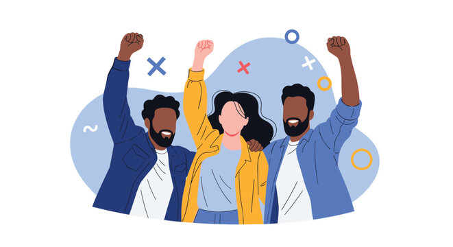 Three diverse people with raised fists standing together for unity and social justice concepts in flat vector illustration.