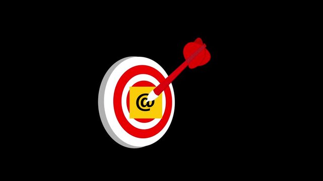 Email target bullseye animation, Dart hitting center of target with a square showing an at-symbol