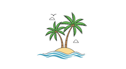 Obraz premium Small tropical island with two palm trees and gentle blue waves on a clean white background with clouds and birds.