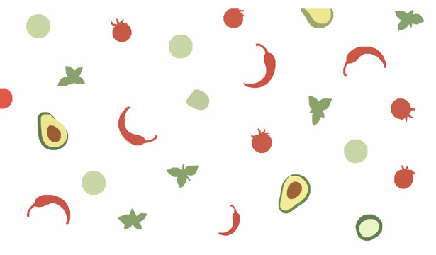 Abstract vegetable pattern vector with avocado tomato chili cucumber and basil in soft pastel modern design