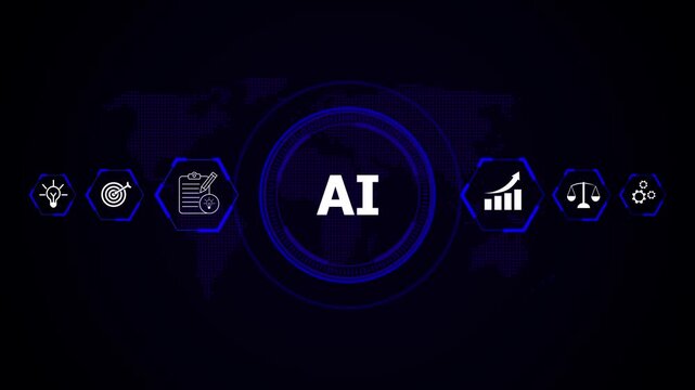 Artificial intelligence concept with global network and business icons representing innovation, AI and artificial intelligence drive global innovation. Digital systems power business growth.