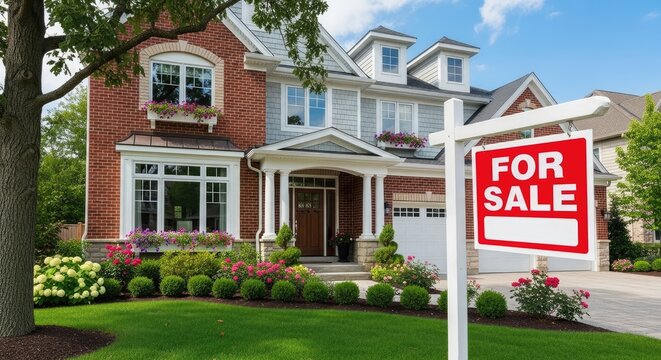 A red brick house with a white for sale sign in front of it.