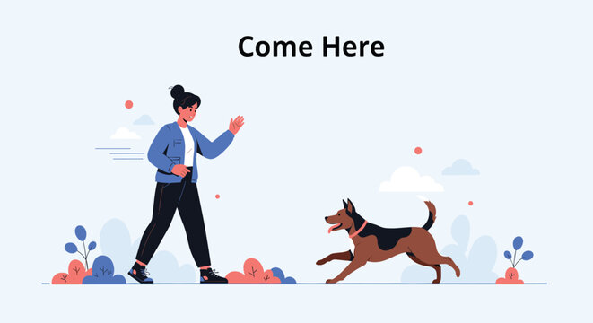 Young woman calling her pet dog in a park with text Come Here representing pet training and obedience in a flat style.
