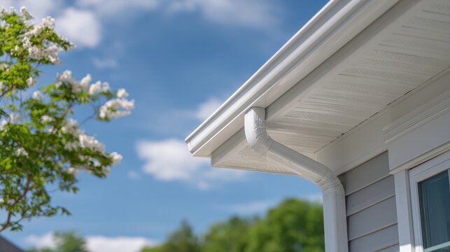 Elegent photo of  white gutter guard system, fascia, drip edge, soffit, and downspout strap with horizontal vinyl siding at an upscale single-family home neighborhood.