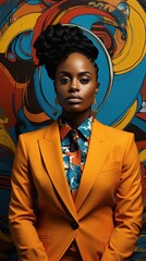 Fototapeta premium Stylish Woman in Yellow Suit Sitting Against Colorful Geometric Background – Fashion Portrait