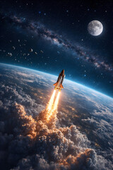 Naklejka premium Dramatic 3D illustration of a space shuttle launching through clouds toward the moon, symbolizing mission success, breakthrough innovation, and interstellar exploration.