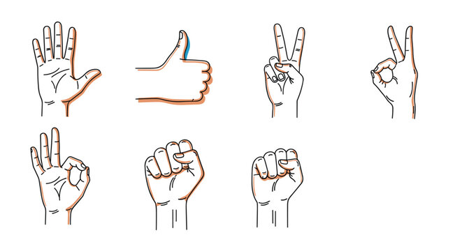 Collection of various hand-drawn sketches showing common hand gestures and signs for effective nonverbal communication and human expression concepts.