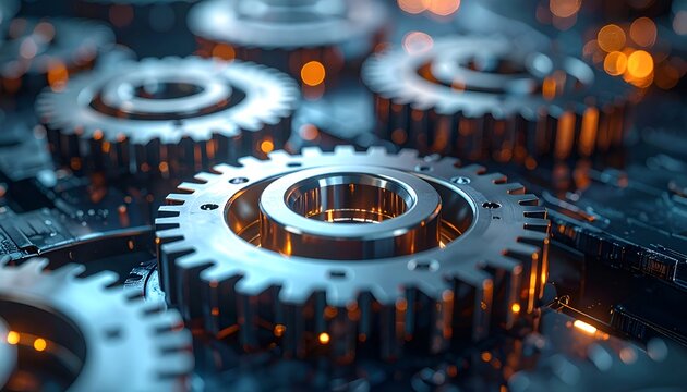 Metallic gear system in motion, representing industry, innovation, and coordinated mechanical operations.