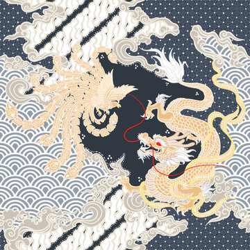 Vector traditional batik pattern with dragon and phoenix theme