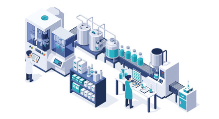 Isometric view of a modern pharmaceutical laboratory with scientists and automated production line. © Vario