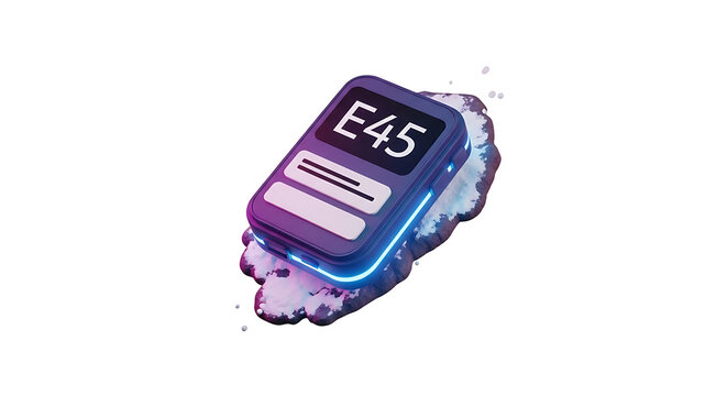 Pixelated E45 electronic device or ticket with glowing blue neon light on abstract pixel cloud, digital retro technology theme