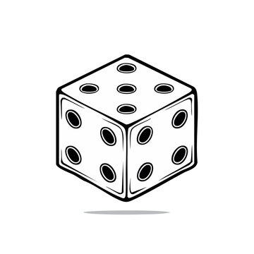 Black and White Illustration of a Six-Sided Die with a Shadow