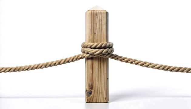 Rustic Wooden Post with Tied Hemp Rope Knot Isolated on Transparent Background