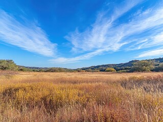 Fototapeta premium Expansive Golden Field Under Clear Blue Sky with Wispy Clouds