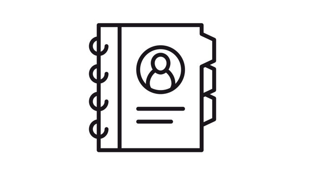 Address book vector icon illustration. Black line art symbol of a contact directory with spiral binding, index tabs, and a user profile icon on the cover. Minimalist graphic for business apps.