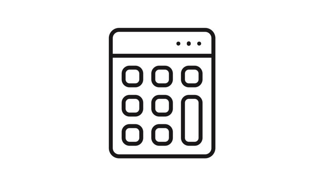 Black line art vector icon of a calculator, featuring a minimalist design with rounded buttons and a display screen. Ideal for business, finance, accounting, mathematics, and office concepts.