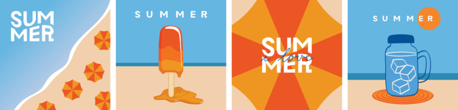 Summertime. Illustration of beach, ice cream, a glass of water, and umbrella. For summer poster, art print, book cover.