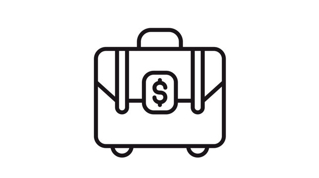 Professional business briefcase vector icon with a dollar sign on the latch, symbolizing financial success, investment, and corporate travel. Minimalist black line art illustration.