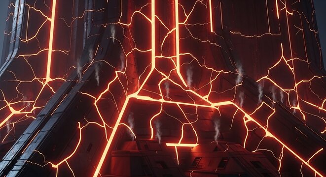 Abstract Glowing Orange Lines on Dark Futuristic Surface.