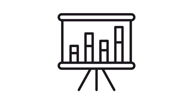 Minimalist black vector icon of a presentation board with a bar chart on a tripod stand, symbolizing business data analysis, financial statistics, growth reporting, and professional seminars.