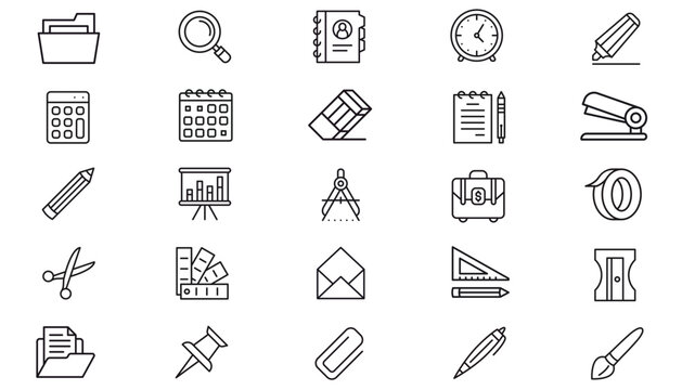 25 Minimalist Black Vector Icon Set for Office Supplies, Business, and Education. Collection of Stationery Symbols including Calculator, Calendar, Pencil, Scissors, Folder, and Graphic Design Tools