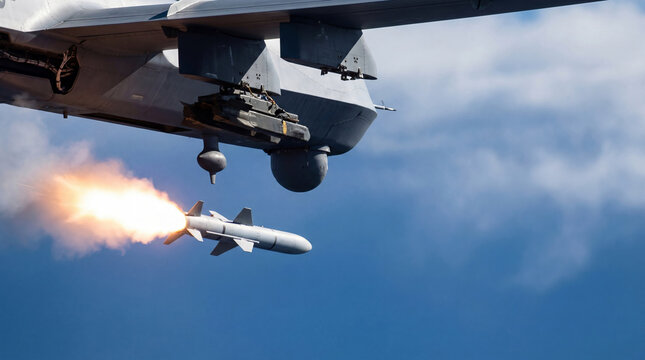 Fighter aircraft launching air to surface missile during flight. Military jet firing weapon in sky. Defense aviation technology, aerial combat exercise, modern warfare strike mission.