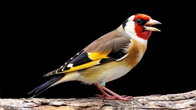 close up of european goldfinch perched on the wood and singing in black background
