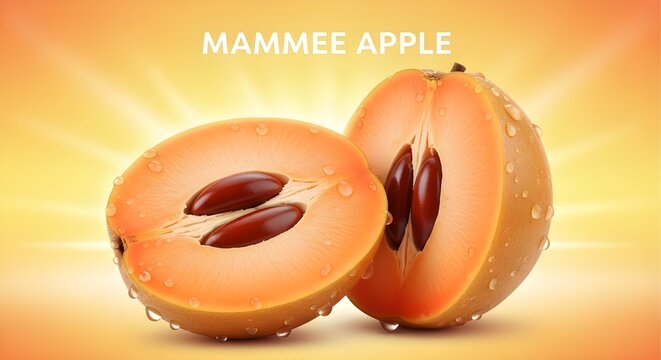 A close-up view of a sliced mammee apple revealing its seeds