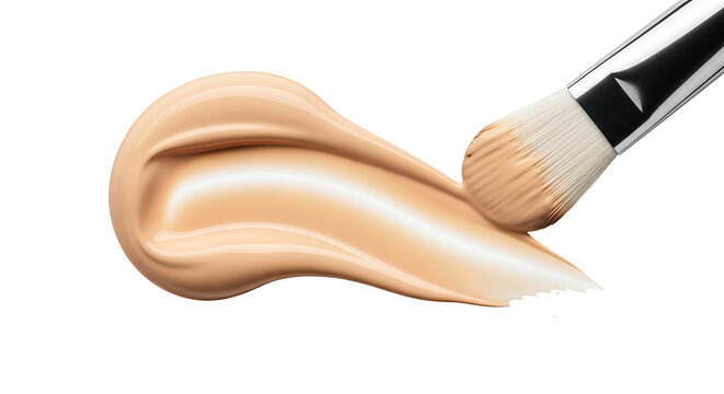 Makeup brush creating a smooth swathe of liquid foundation in a light beige shade, cosmetic application, beauty product sample