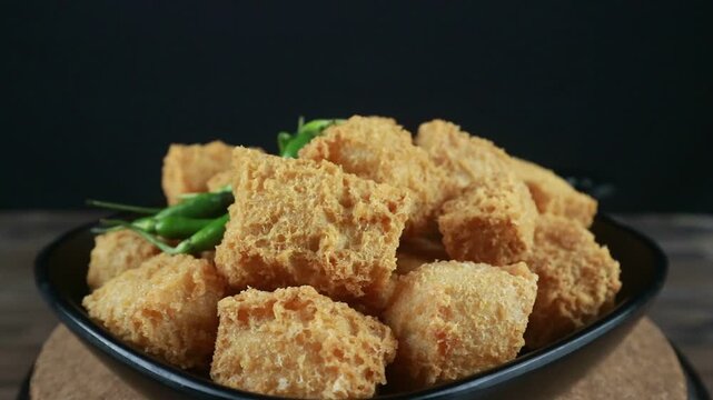 Crispy fried tofu tahu Sumedang in black plate with green chilies on wooden table. Turning.