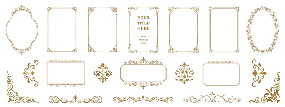 Luxury golden ornamental frames and elegant decorative borders in vintage style. Ideal for premium invitations, branding, packaging, certificates, and sophisticated graphic design projects.