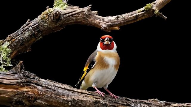european goldfinch perched on the tree branch and singing in black background