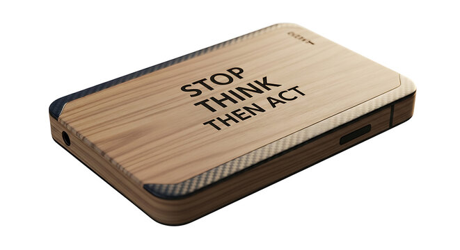 Portable external hard drive with wood grain texture and motivational text 'stop think then act', isolated on white