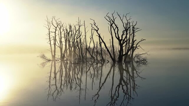 The sun shining through drowned trees in a lake during a foggy, spring morning.