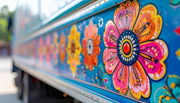 Vibrant Pakistani truck art with colorful flower patterns